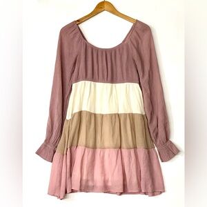 Blu Pepper Tiered Midi Dress Long Peasant Sleeves‎ Colorblock Large Boho Lilac